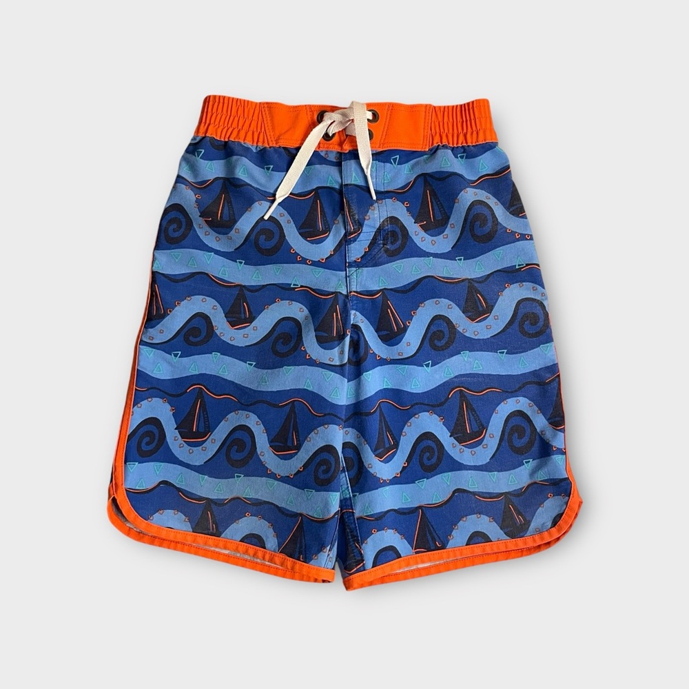 Hanna Andersson Sailboat Wave Pattern Blue & Orange Swim Trunks